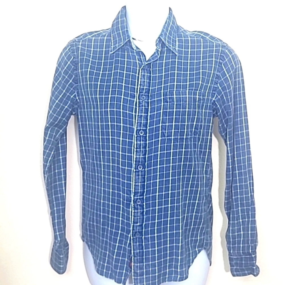 Faherty Zlife Organic Cotton Plaid Indigo Dyed Button down Long sleeve Blue Whit